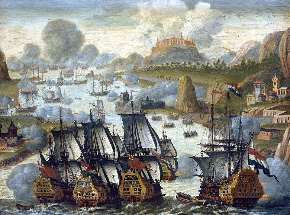 Sea Battle of Vigo bay, 23 October 1702. Episode in the War of the Spanish Succession . [ 1 ] Alternative title(s): Zeeslag in de baai van V by Anonymous ( Northern Netherlands )