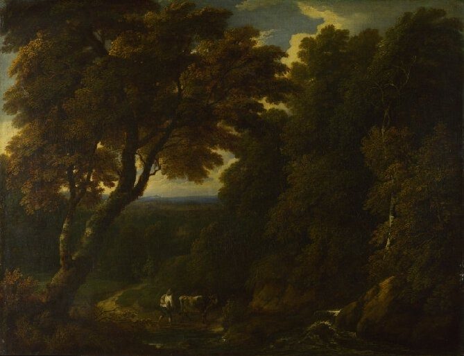 A cowherd in a wooded landscape by Attributed to Jan Baptist Huysmans