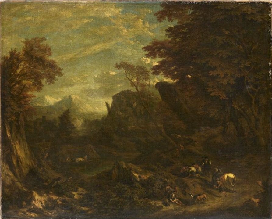 Paysage avec voyageurs se reposant au bord d'un chemin Landscape with travelers resting on the side of a road by Cornelis Huysmans