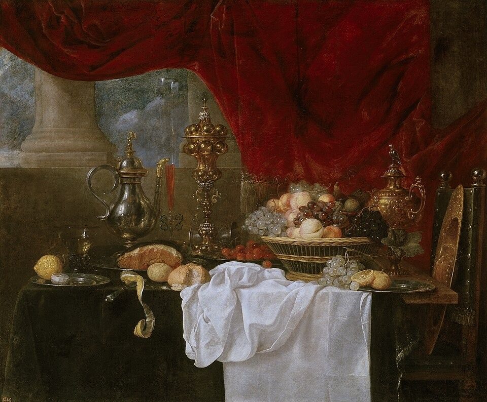 Still life with fruit and decorative tableware by Andries Benedetti