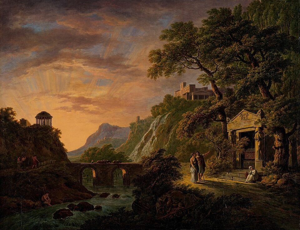 Arcadisch landschap met ondergaande zon. by Daniël Dupré
