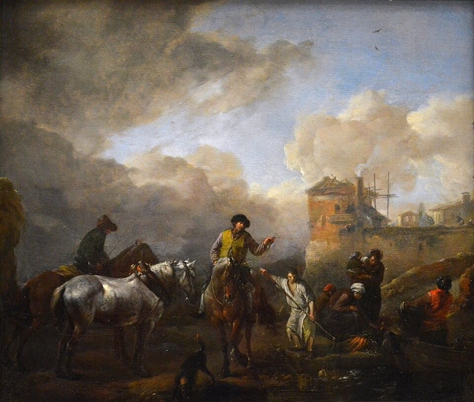Charrette de foin et paysans au bord d’une rivière, recevant des légumes apportés dans une barque by Philips Wouwerman