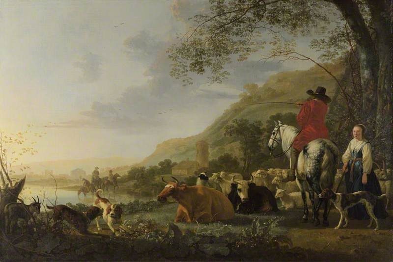 A Hilly River Landscape with a Horseman talking to a Shepherdess by Aelbert Cuyp