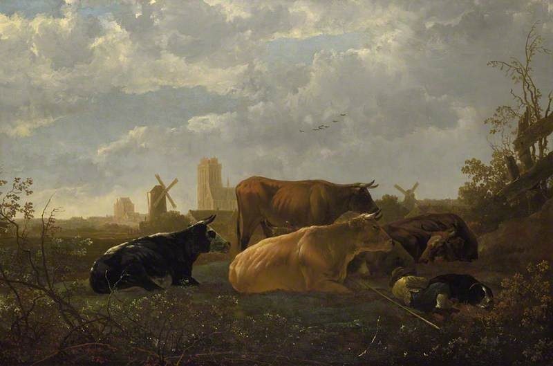 A Distant View of Dordrecht, with a Sleeping Herdsman and Five Cows ('The Small Dort') by Aelbert Cuyp