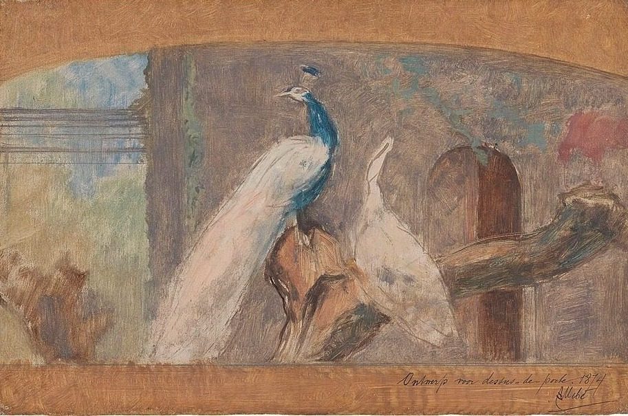 Ontwerp voor een dessus-de-porte: tak met pauw en andere vogels by August Allebé
