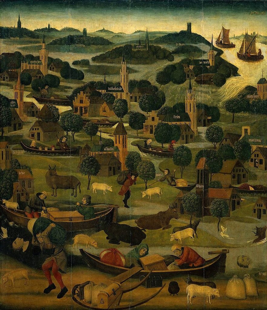 Outer right wing of an altarpiece with the St Elizabeth’s Day flood, 18-19 November 1421, with the broken dike at Wieldrecht . [ 1 ] by Master of the St. Elizabeth Panels