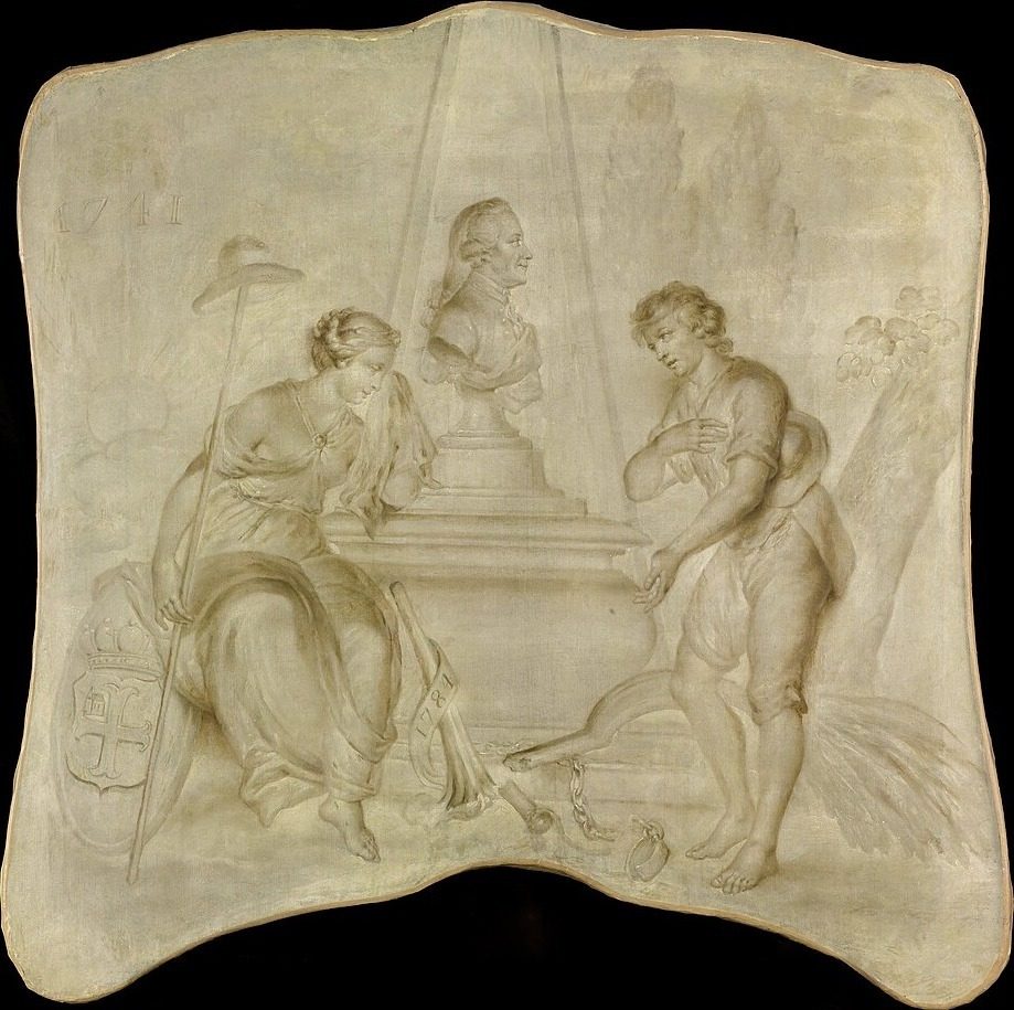 Peace and a peasant mourning on a tomb of Joan-Derk, Baron van der Capellen tot den Pol by Hendrik Willem Schweickhardt