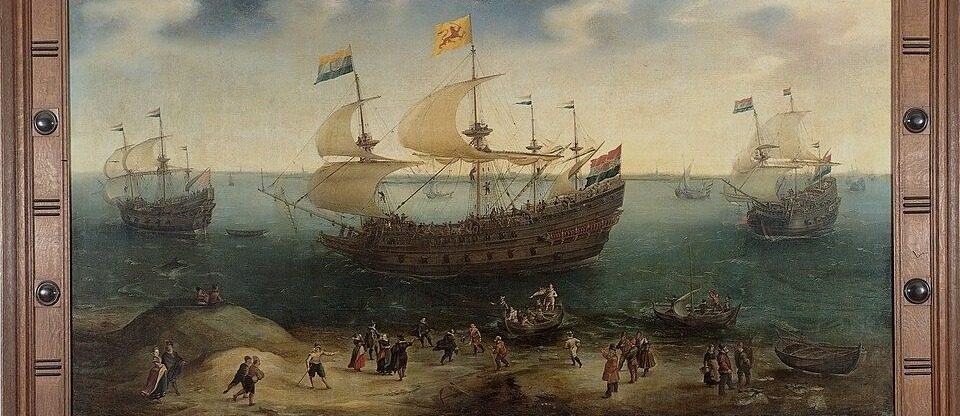 "The Amsterdam four-masted Ship ""De Hollandse Tuyn"" and other Ships Return from Brazil under Command of Paulus van Caerden " by Hendrick Cornelisz Vroom