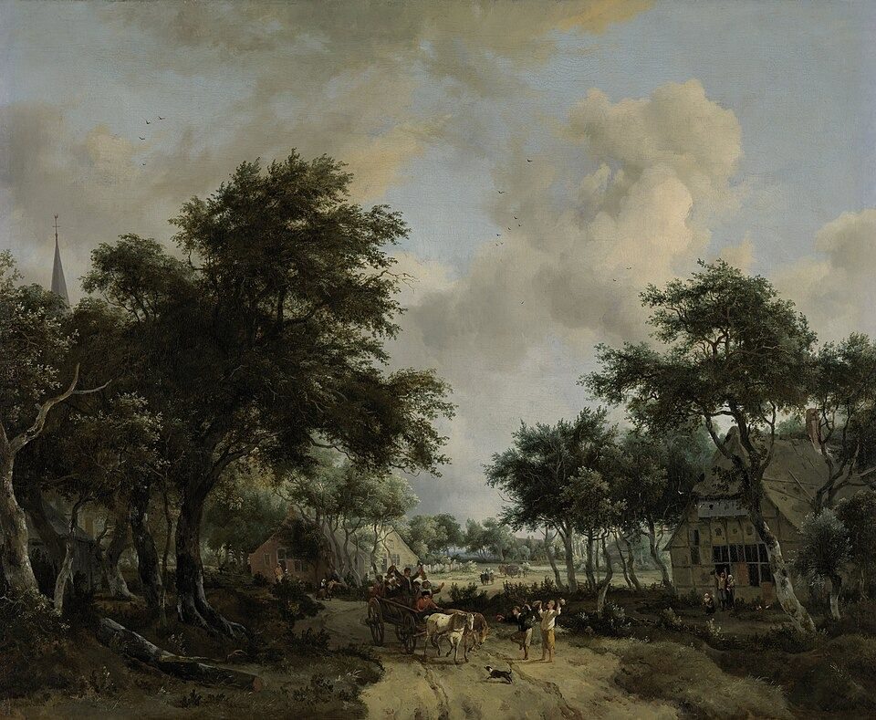 Wooded Landscape with Merrymakers in a horse-drawn wagon by Meindert Hobbema