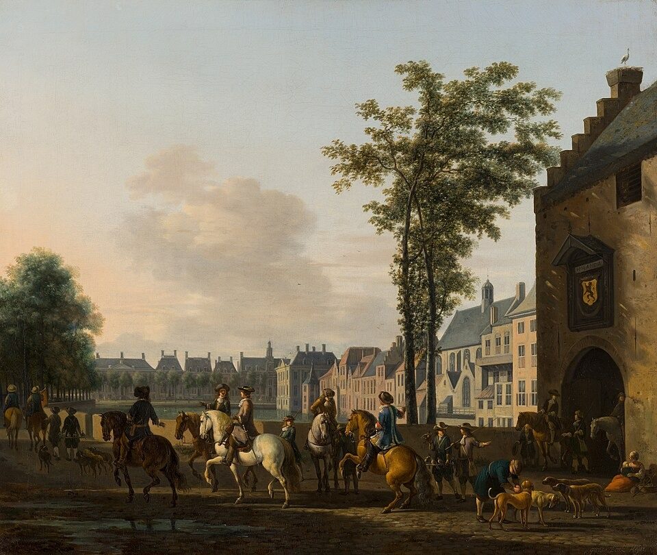 A Hunting Party near the Hofvijver in The Hague, seen from the Plaats by Gerrit Adriaenszoon Berckheyde