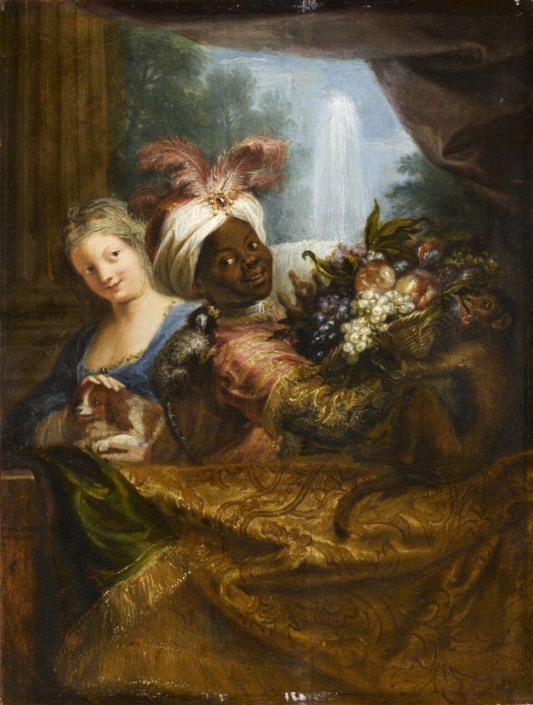 Young black boy holding a fruit basket and a girl stroking a dog by Antoine Coypel
