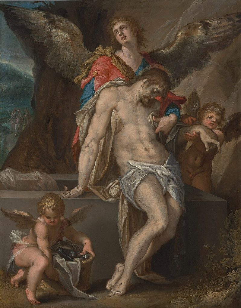Engelen dragen het lichaam van Christus (Engelenpietà) by Bartholomeus Spranger
